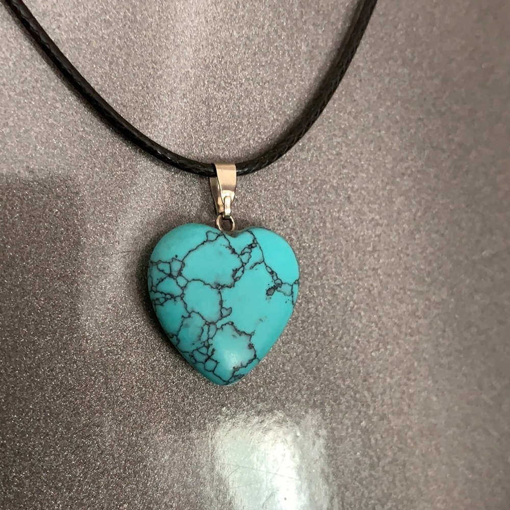 Turquoise Heart Pendant in Black Cord Necklace